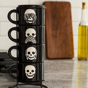 NEW Ceramic Skeleton Espresso Mugs Mug Set of 4 Stacking Stackable Black Stonewa
